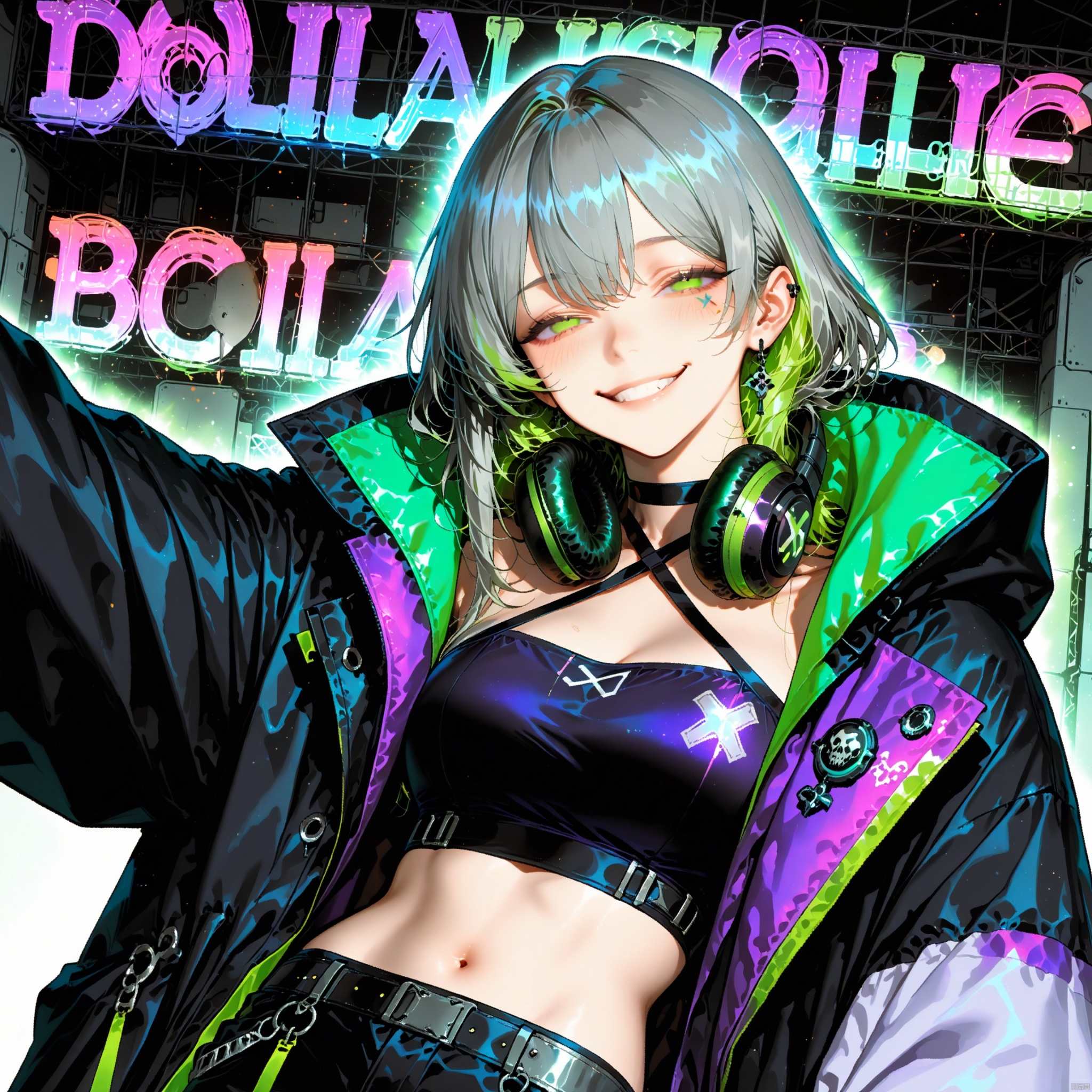 Smooth Quality - A close-up anime style illustration of a girl with short, choppy grey hair with green and purple highlights. She has bright green eyes and a confident, slightly mischievous smile. She is wearing black headphones around her neck, a black halter top, and black pants with straps and neon green "X" designs. She also has a bright purple and black oversized jacket draped around her shoulders. Her arms are outstretched. The background is blurred and stylized with black and grey gradients and text elements. Text is visible including "DOLLA", "YB", "world in her", "B", and "d". The overall style is detailed, vibrant, and reminiscent of character art from games like Girls' Frontline: Neural Cloud or Girls' Frontline.