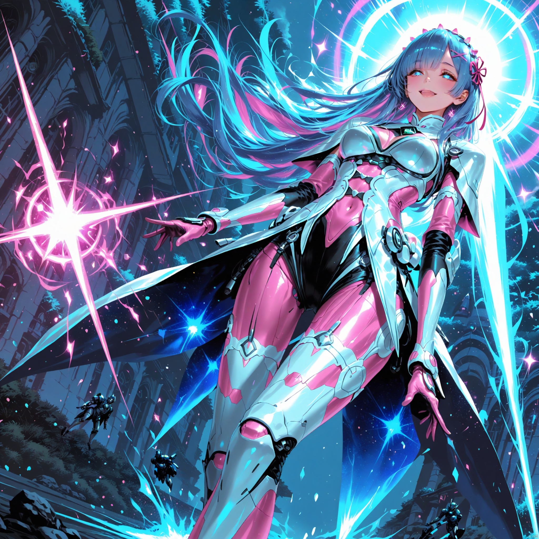 score_9,score_8_up,score_7_up,alone, solo, dynamic pose, (Rem_RE:Zero), long hair, blue hair, cute, happy smile, Glowing love hearts special effects, A stunning masterpiece! A girl with robot parts, her pink body glistening in super high definition, as she jumps into the air. Her cute headgear and rabbit mecha design are showcased in fine detail art:1.5. The camera captures her striking features from a low-angle perspective, emphasizing her robotic enhancements. Transparent armor glows with an electric blue energy flow, while neon colors radiate from the armor's rays,backlighting,depth of field,cinematic lighting,light particles,lens flare, [artist: wlop],artist:chen_bin,[[artist:ke-ta]], artist: hitenkei,,good work, (best quality), illustration, depth of field, (color),masterpiece,best quality,petite,cute,loli,(artist:mignon:0.8)