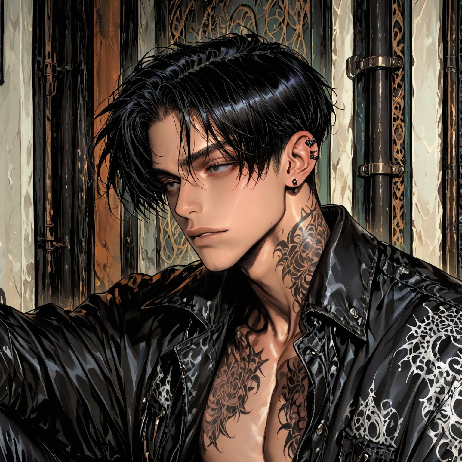 An extremely detailed and high-resolution digital artwork in the style of CG unity, this piece showcases an 8k resolution masterpiece with intricate details. The art style is characterized by its drawn aesthetic and concept painting quality, featuring ultrahigh definition and dynamic angles that enhance image depth. The scene captures an action shot with a dynamic composition. The subject is a handsome young man with black hair, sitting and looking directly at the viewer. He has a punk appearance with shaven sides and tattoos, styled in a cowboy fashion with tight-fitting clothing. The artwork is rendered in the best possible quality, utilizing volumetric lighting to achieve a very aesthetic visual effect.
