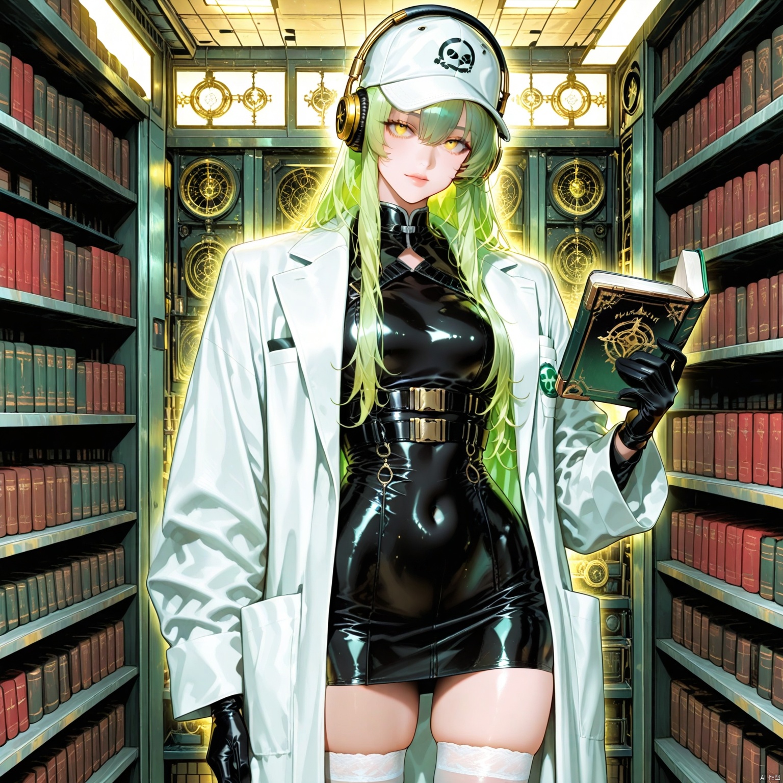 1girl, solo, long hair, looking at viewer, bangs, thighhighs, gloves, long sleeves, hat, dress, holding, hair between eyes, closed mouth, standing, yellow eyes, cowboy shot, green hair, open clothes, black gloves, belt, indoors, black dress, white thighhighs, lips, zettai ryouiki, coat, book, covered navel, skindentation, headphones, white headwear, short dress, baseball cap, open coat, labcoat, white coat, latex