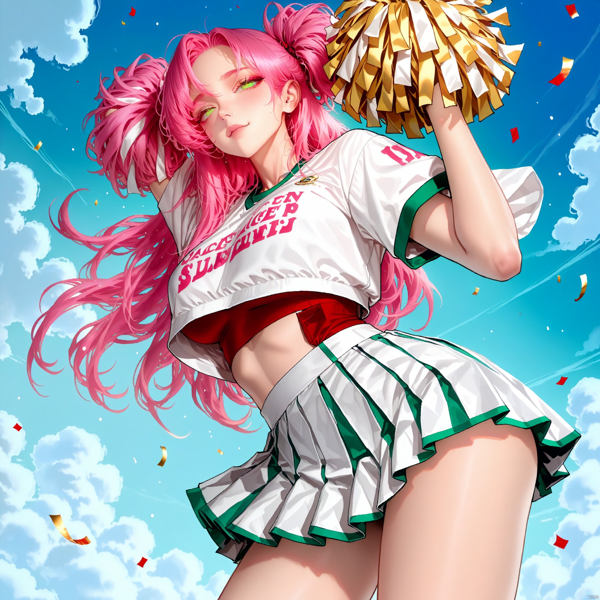 The image depicts an animated character with long, flowing pink hair and green eyes. She is wearing a red cropped top with the word "BAND" written on it in white letters, paired with a white pleated skirt that has teal trim. The character is holding yellow pom-poms in both hands and appears to be cheering or celebrating. The background shows a clear blue sky with some clouds and a few scattered colorful confetti-like pieces. The overall scene suggests a lively and energetic atmosphere,kidmo,As109,magion02,deadflow,bm tol,ask \(askzy\),mamimi \(mamamimi\)