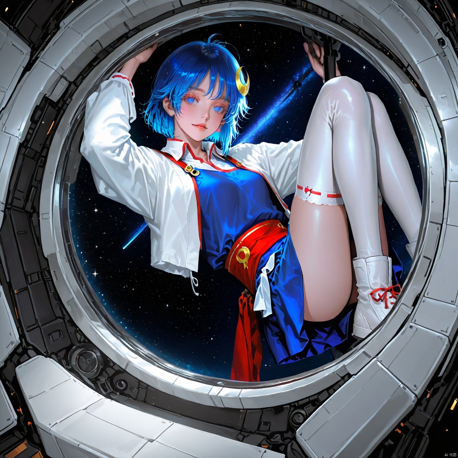 (kidmo:1.5)),As109,chen_bin, hitenkei,mignon：0.8,(wlop:0.7),(ke-ta:0.6),good work, (best quality), illustration, depth of field, (color),masterpiece,best quality,petite,by [lack|fuzichoco|lam|kinta \(distortion\)|wlop|quasarcake|nixeu|happoubi jin],
rena lanford, 1girl, solo, blue hair, crescent hair ornament, red waist cloth, blue skirt, white thighhighs, long sleeves,
full body, from above, knees up, colored eyelashes, close-up,
star \(sky\), space station, floating hair, black theme, blue eyes, looking at viewer, backlighting, vignetting, depth of field, round image, window, glass, reflection,
masterpiece, best quality, very aesthetic, absurdres
