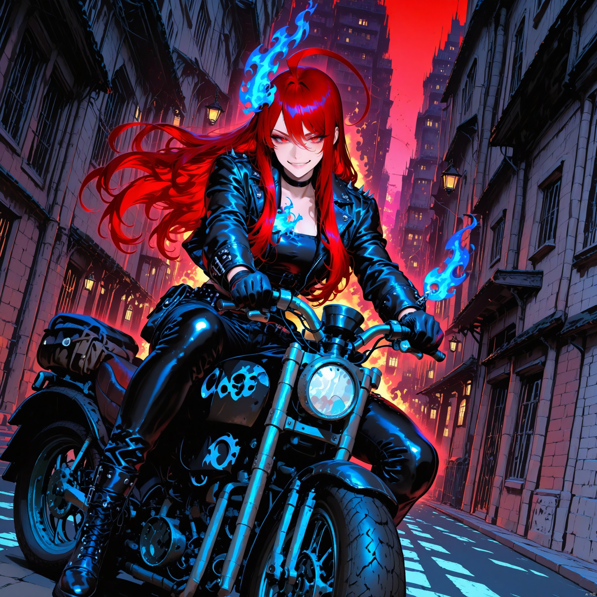 masterpiece, best quality, 1girl, solo, Elizabeth Rose Bloodflame,, red eyes, red hair, colored inner hair, long hair, huge ahoge, hair ornament, blue fire, fire on chest, black jacket, leather jacket, black choker, black pants, leather pants, black gloves, long sleeves, biker, riding, on motorcycle, motorcycle, outdoors, street, three quarter view, dutch angle, looking at viewer, looking down, smirk, , masterpiece,best quality,amazing quality,very aesthetic,absurdres,newest,flat color, minimalism, line art.,detailed background,detailed environment