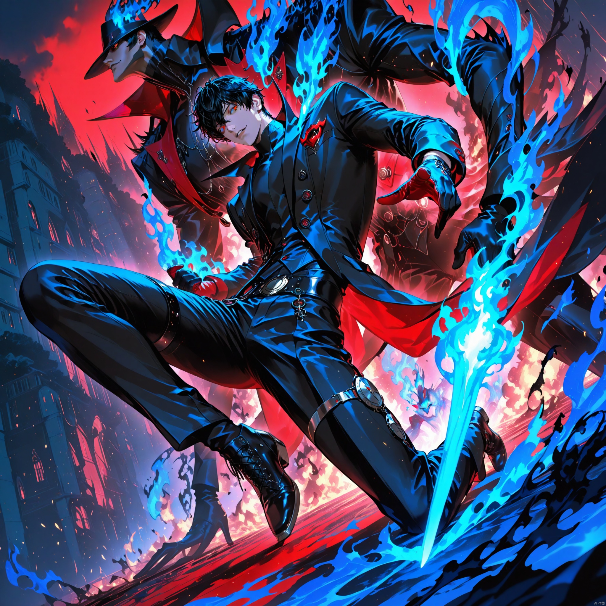 amamiya_ren, arsene\(persona_5)\, 1boy, black_hair, blue_fire, fire, looking_at_viewer, male_focus, solo, , dynamic pose, cinematic lighting, high detail, vibrant atmosphere, masterpiece,best quality,amazing quality,very aesthetic,absurdres,newest,