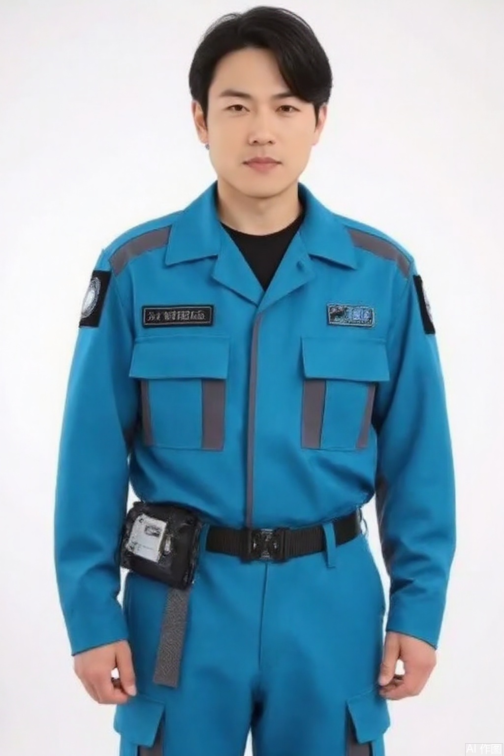 masterpiece, best quality,solo,(white background:1.2),simple background,
looking at viewer,SKAED,collar,belt,logo,uniform,jacket,pants,gloves,boots,emblem,blue jacket,blue pants,blue jacket with grey line,blue pants with gray line
