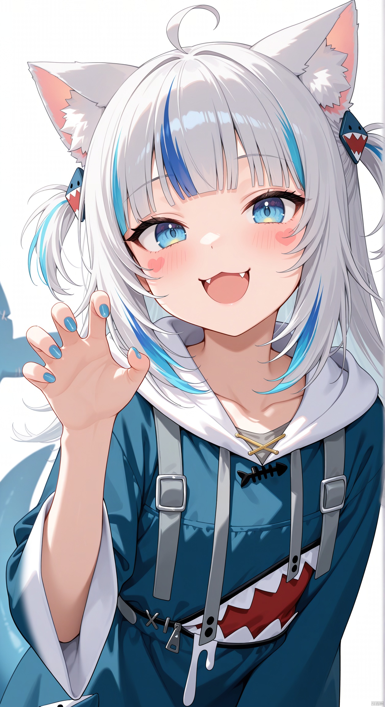 1girl,fang out, virtual youtuber, nail polish, claw pose, streaked hair, collarbone, dress, blunt bangs, blue hair, hood, two side up, animal ear fluff, hoodie, multicolored hair, :d, fish tail, hood down, :3, hand up, closed mouth, wide sleeves, animal ears, sleeveless, long sleeves, looking at viewer, fingernails, meme, shark tail, smile, sleeveless dress, cat ears, ahoge, solo, teeth, fins, long hair, grey hair, shark girl, blue nails, blush, blue eyes, fang, sharp teeth, shark print, upper body, pinafore dress, tail raised, hair ornament, drawstring, blue hoodie, blush sticker very awa, masterpiece, best quality, highres, absurdres, newest, aesthetic, safe,