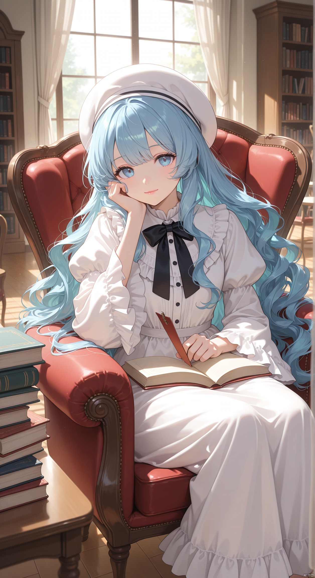 1girl, indoors, looking at viewer, frills, white dress, black bow, juliet sleeves, open book, closed mouth, bookshelf, curtains, book stack, long hair, chair, very long hair, wide sleeves, holding, sitting, frilled shirt collar, knees up, window, on chair, wooden floor, blue hair, black bowtie, solo, book, bow, head rest, tablecloth, armchair, long sleeves, feet out of frame, table, wavy hair, hand on own cheek, holding bookmark, pink lips, couch, day, light smile, sunlight, blue eyes, dress, library, puffy sleeves, bowtie, hand up, white headwear, masterpiece, best quality, highres, absurdres, watercolor \(medium\)