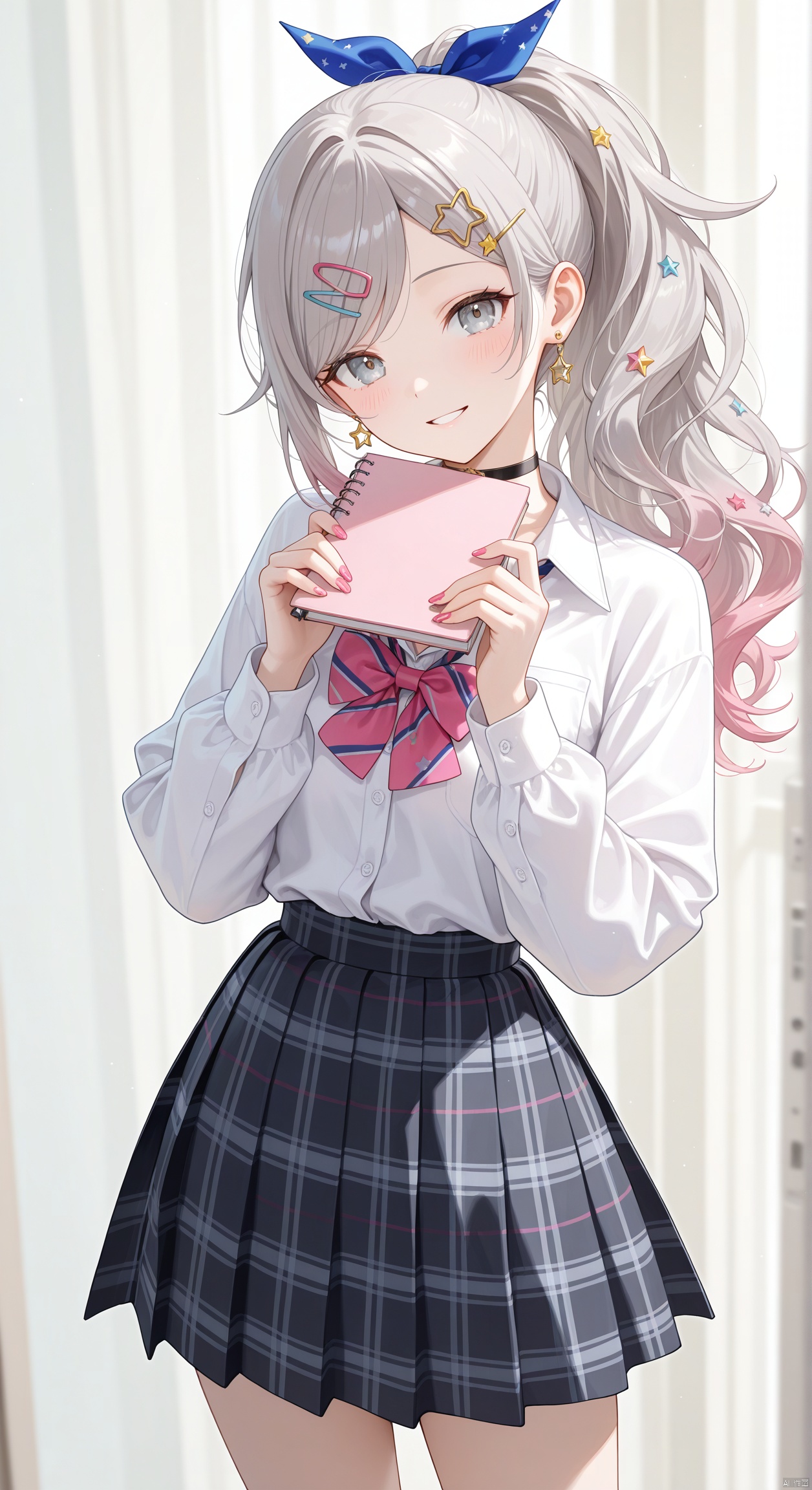 1girl, white shirt, jewelry, looking at viewer, ponytail, skirt, cowboy shot, bowtie, star \(symbol\), nail polish, fingernails, swept bangs, official alternate costume, long sleeves, double-parted bangs, official alternate hairstyle, solo, earrings, shirt, plaid, ribbon, hair ornament, hands up, head tilt, pink bow, pink nails, notebook, collared shirt, black skirt, wavy hair, plaid skirt, pleated skirt, school uniform, bow, blush, neck ribbon, grey eyes, buttons, gradient clothes, long hair, blue ribbon, hairclip, holding notebook, dress shirt, pink bowtie, holding, star hair ornament, black choker, smile, very awa hong ni of dreams \(project sekai\), parted lips, choker, grey hair,masterpiece, best quality, newest, aesthetic, highres, absurdres, watercolor \(medium\), safe