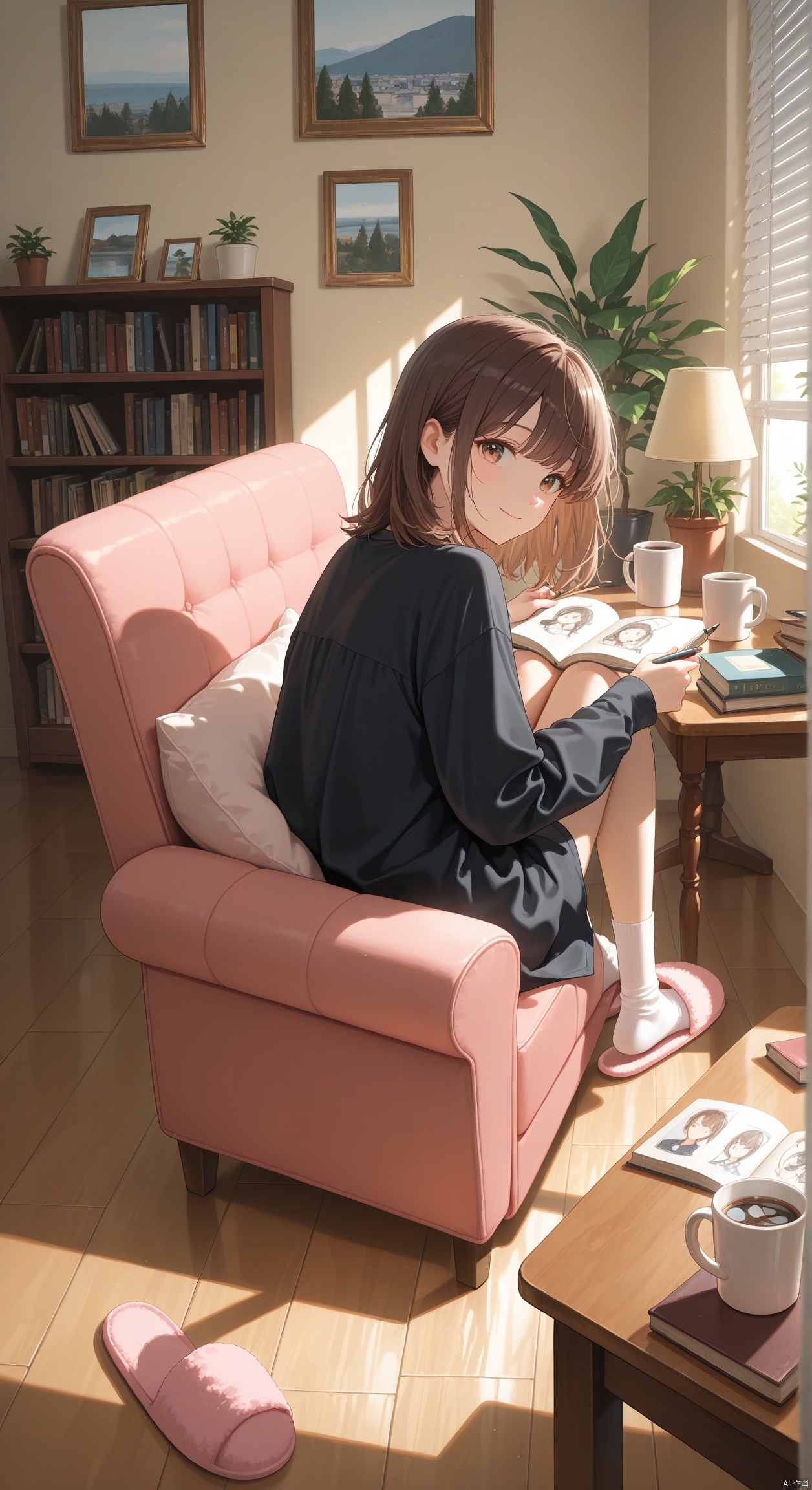 1girl, indoors, closed mouth, chair, smile, looking back, book, wooden table, desk lamp, from behind, lamp, slippers, picture frame, knees up, solo, full body, window blinds, holding, medium hair, drawing \(object\), brown hair, coffee, painting \(object\), brown eyes, holding cup, socks, couch, table, sitting, sketching, mug, cup, shirt, sitting sideways, bookshelf, day, pink footwear, cushion, black shirt, looking at viewer, coffee mug, long sleeves, open book, on chair, potted plant, plant, wooden floor, white sock, window, masterpiece, best quality, highres, absurdres, watercolor \(medium\)