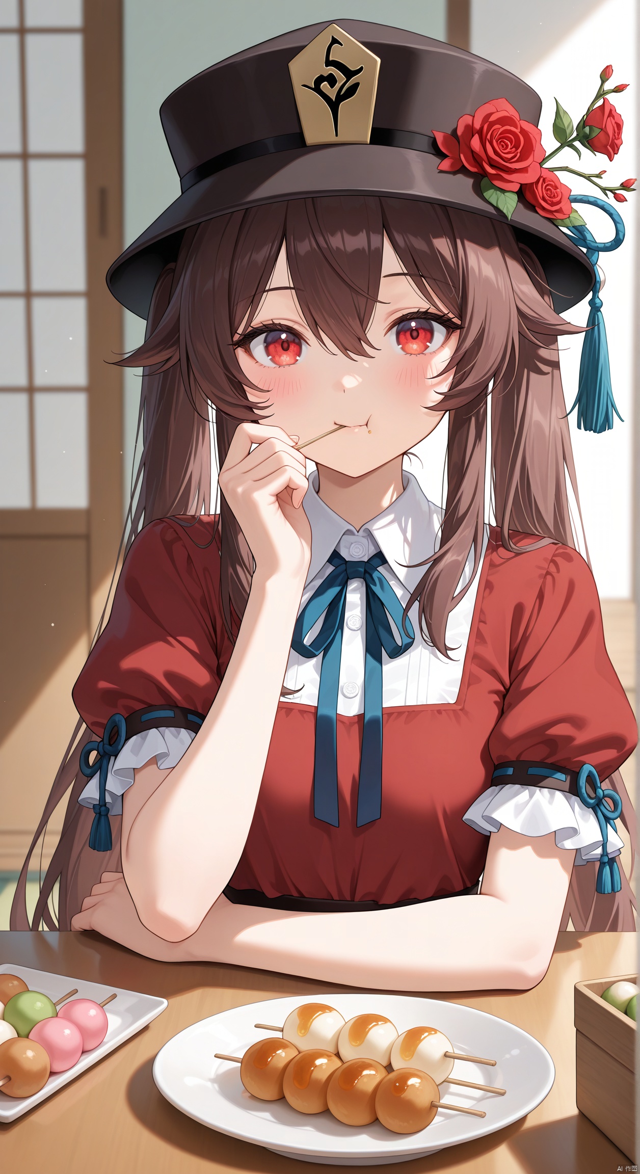 1girl, food in mouth, plate, red eyes, dango, hand up, shirt, blush, frilled sleeves, black headwear, looking at viewer, wagashi, sidelocks, table, ribbon trim, brown hair, upper body, collared shirt, puffy short sleeves, short sleeves, blue ribbon, :t, solo, hat, ribbon-trimmed sleeves, puffy sleeves, frills, neck ribbon, food, twintail, white shirt, porkpie hat, flower, rose, hair between eyes, red shirt, hat flower, tassel, eating, long hair, closed mouth, very awa, masterpiece, best quality, newest, aesthetic, highres, absurdres, safe