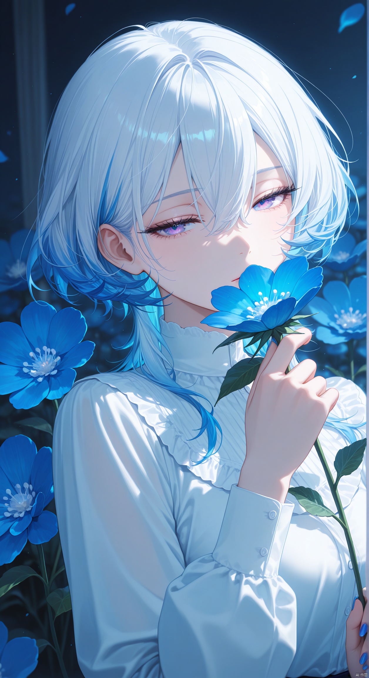 1girl, looking at viewer, holding a big blue flower, blue hair, white shirt, nail polish, purple eyes, blue eyes, eyelashes, long sleeves, white hair, hand up, hair between eyes, half-closed eyes, blue theme, cinematic composition, ultra-detailed, high-quality
