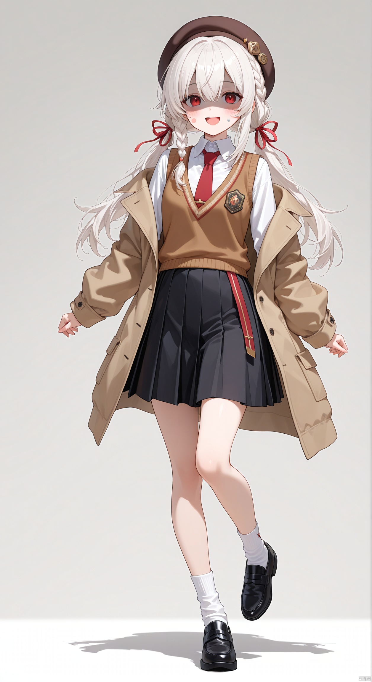 1girl, long hair, sleeveless, red necktie, collared shirt, braid, turtleneck sweater, long sleeves, jacket, black skirt, skirt, sweater vest, white shirt, twintails, red eyes, open mouth, official alternate costume, hat ornament, sidelocks, single braid, shaded face, beret, full body, smile, brown headwear, necktie, standing on one leg, brown jacket, looking at viewer, white socks, white hair, socks, solo, :d, meme, hat, sleeveless dress, dress, black footwear, hair between eyes, ribbon, pleated dress, black headwear, standing, hair ribbon, turtleneck, shirt, low twintails, shoes, blush sticker, brown sweater vest, official alternate hairstyle, very awa, masterpiece, best quality, highres, absurdres, newest, aesthetic, safe,