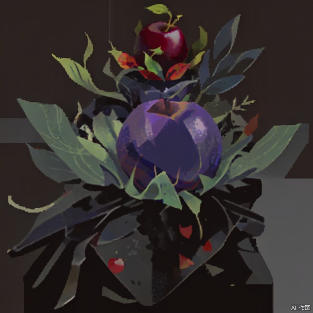 simple background, food, no humans, bookmark, leaf, black background, apple on bookmark, golden apple,food focus, still life