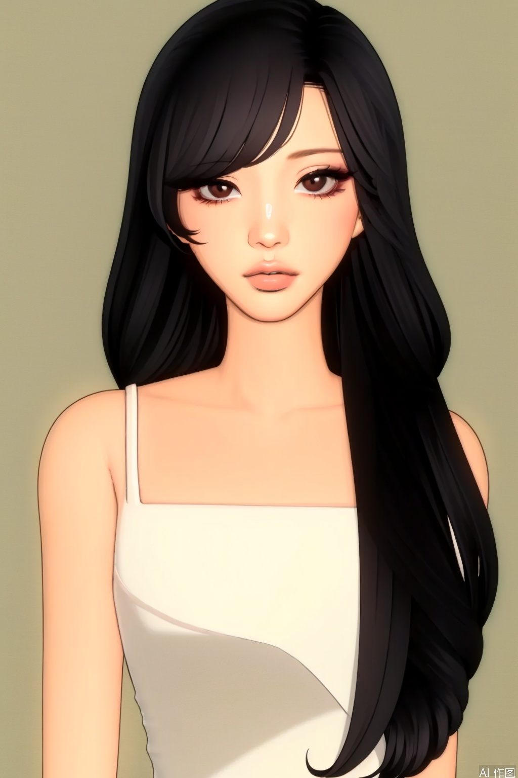 1girl, solo, black hair, dress, long hair, white dress, lips,Toot lips, simple background, looking at viewer, white background, brown eyes