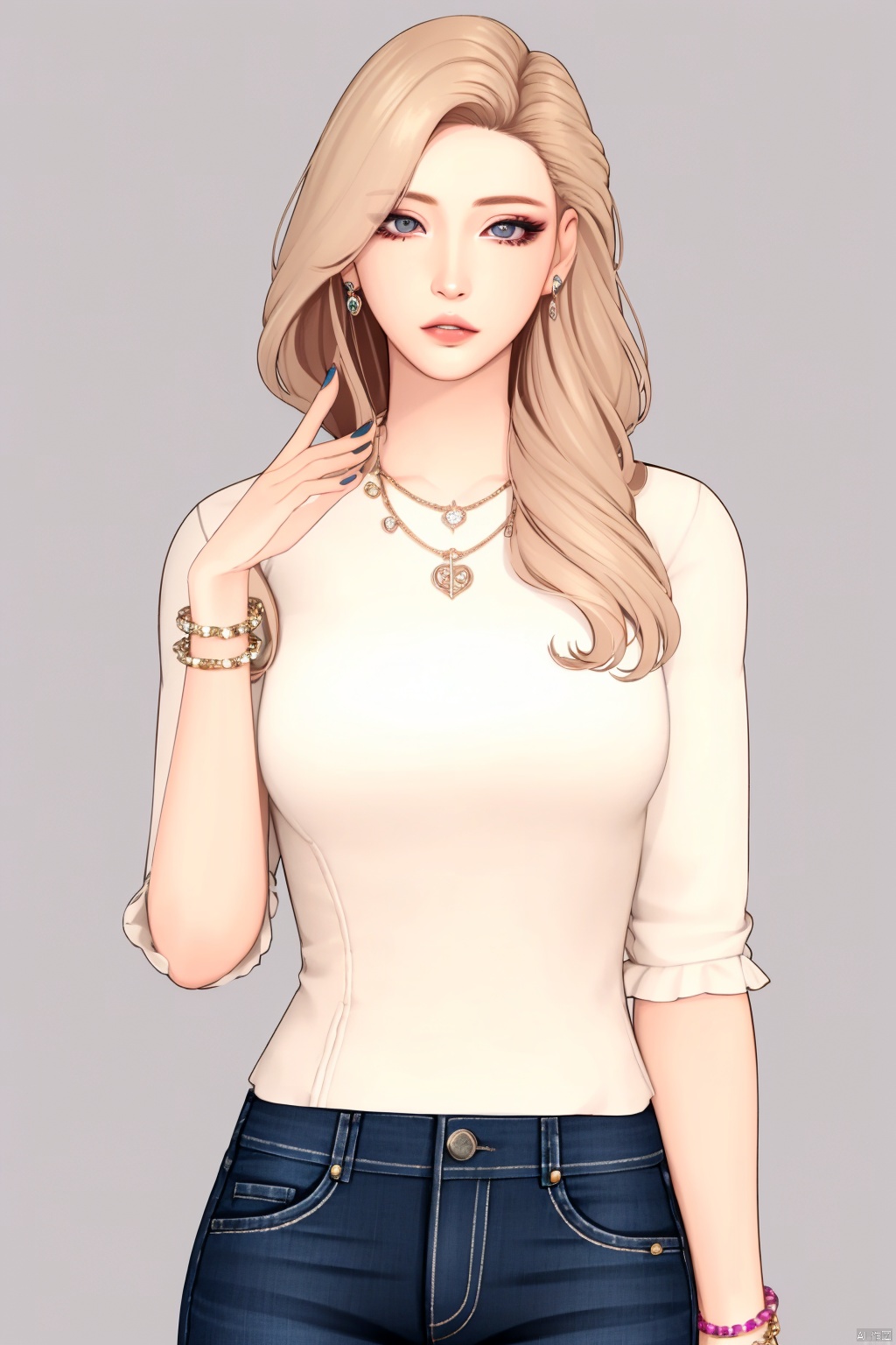 Extreme detail, exquisite detail, beautiful eyes,1girl, solo, jewelry, blonde hair, necklace,  long hair, bracelet, pants, denim, simple background, grey background, jeans,earrings, nail polish, lips, looking at viewer,fingernails
