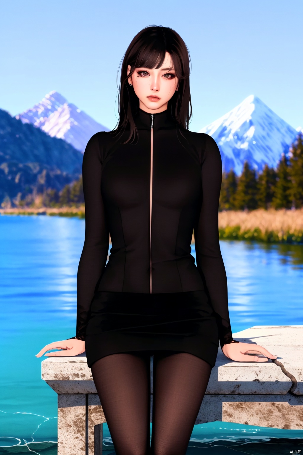 (8k, RAW photo, best quality, masterpiece:1.2),(realistic, photo-realistic:1.3), ultra-detailed, extremely detailed cg 8k wallpaper,(crystalstexture skin:1.2), (extremely delicate and beautiful), (perfect hands, perfect anatomy:1.2),1girl, solo, bodysuit,jacket, pantyhose, black pantyhose, skirt, boots,sun, mountain, water, river, (cowboy shot:1.2), looking at viewer, sitting,