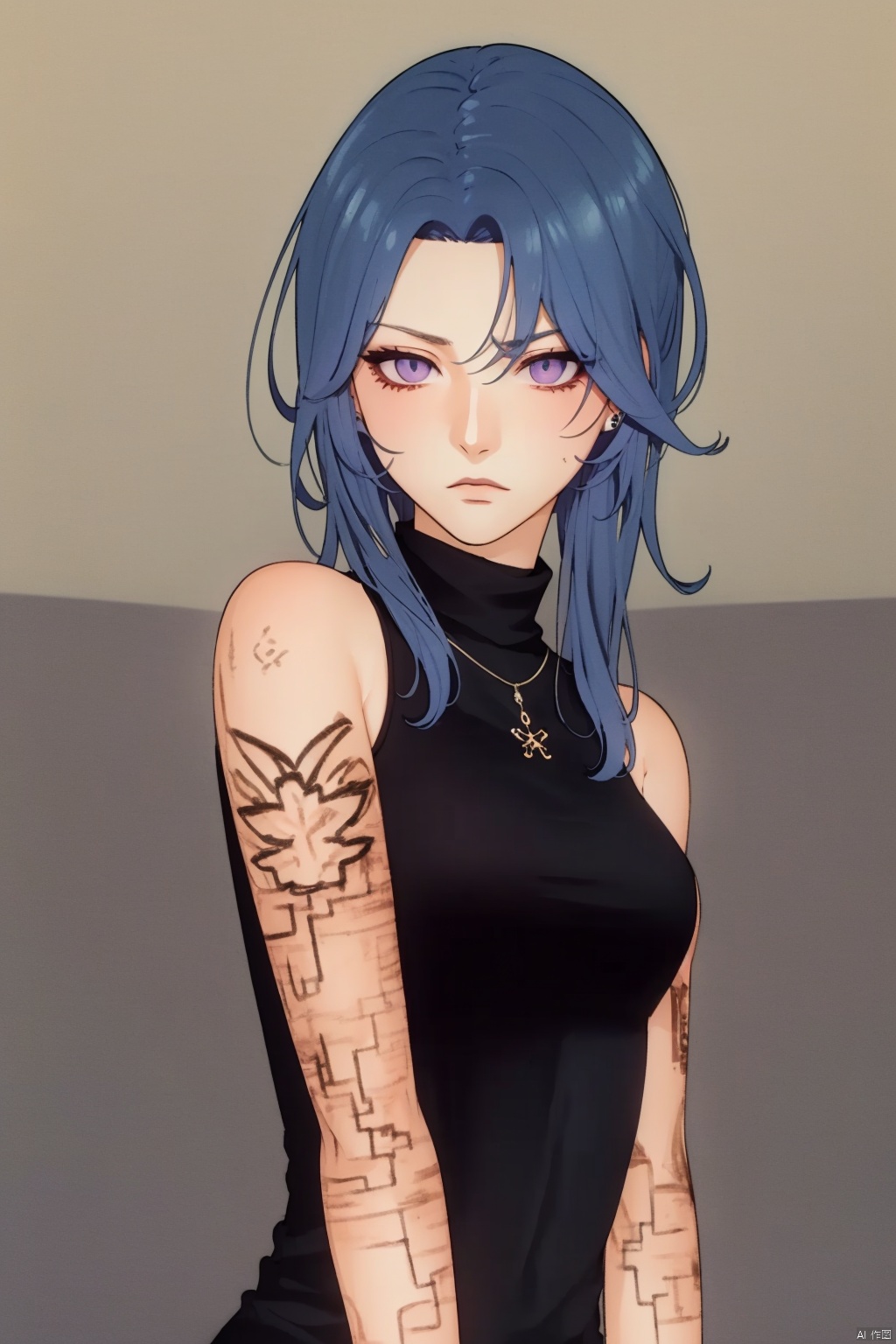 QH,It was a heavily inked illustration of a young woman with long,straight,dark blue hair and piercing purple eyes. She wore a sleeveless grey-and-black turtleneck top,and her expression was serious and determined. The background is gently blurred with gradients of warm and cool tones,suggesting a dynamic,possibly magical environment. The overall style is full of energy and detail,which is typical of modern Japanese anime art.,