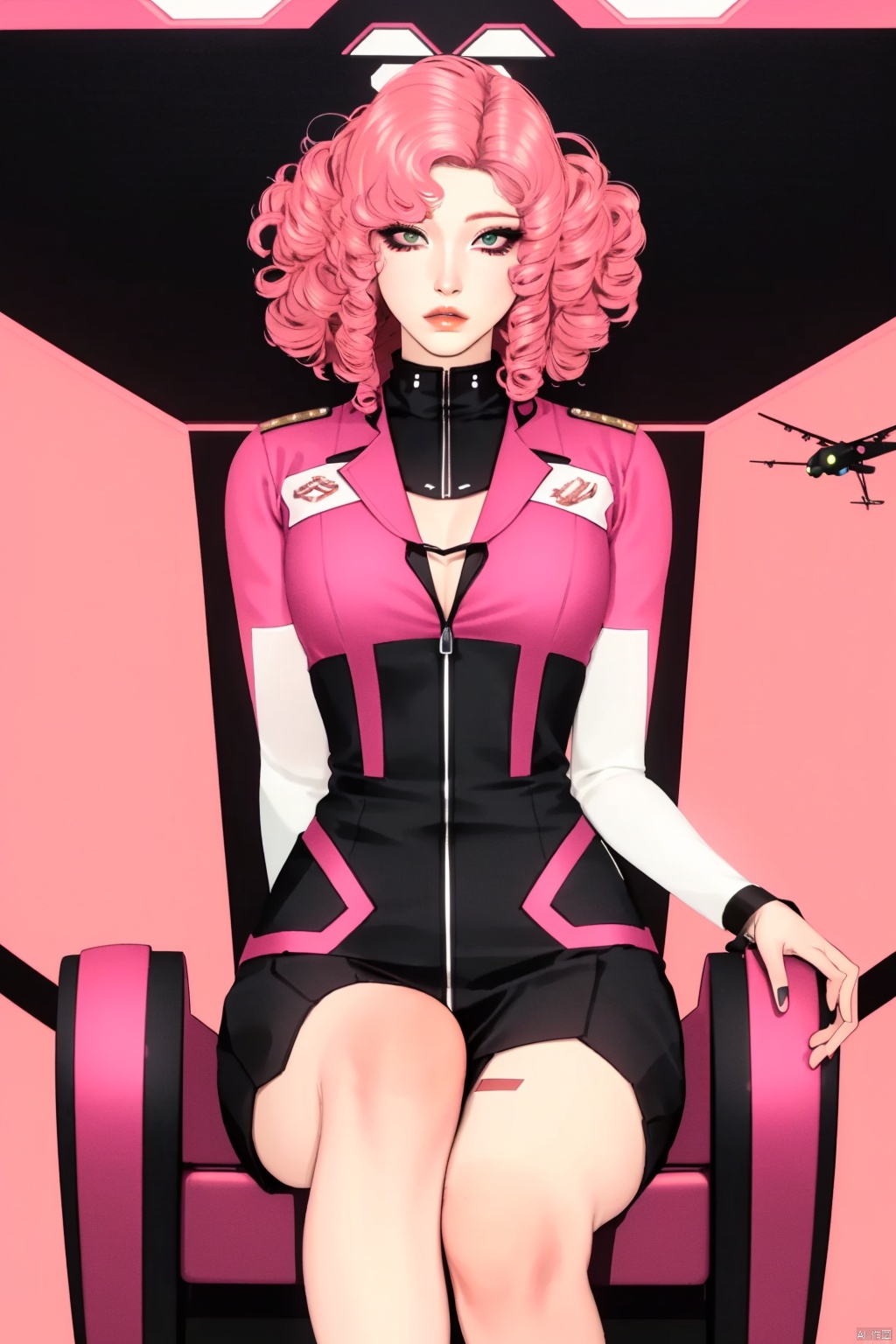 Aesthetics art,Fantasy Realism,This is a digital painting of a young woman with pale skin and short, curly pink hair. She wears a white, futuristic military-style uniform with a red tie and a patch reading "EGB." She sits inside a pink, high-tech spaceship cockpit, holding a black cat. The background is a vibrant green, and her large, expressive eyes and delicate features are striking. The style is highly detailed and somewhat surreal.