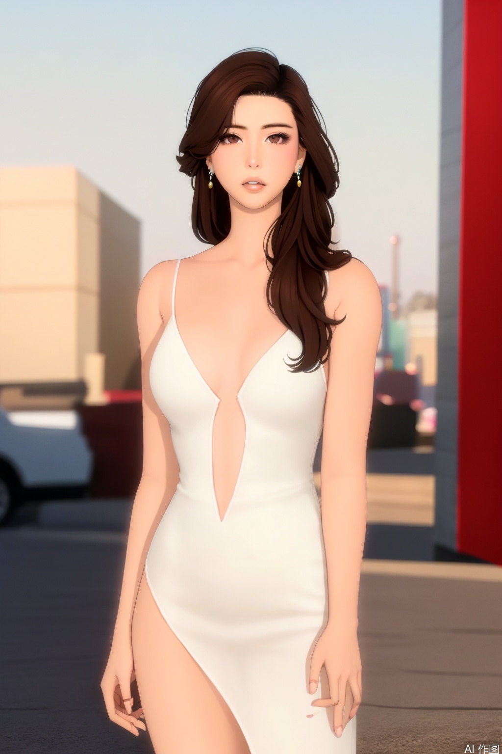 1girl, solo, brown hair, jewelry, dress, earrings, white dress, brown eyes, looking at viewer, parted lips, standing, realistic, photo background, see-through, collarbone, long hair