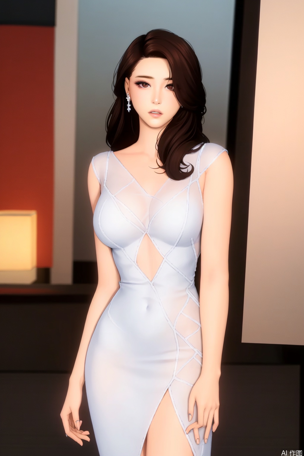 1girl, solo, brown hair, jewelry, dress, earrings, white dress, brown eyes, looking at viewer, parted lips, standing, realistic, photo background, see-through, collarbone, long hair