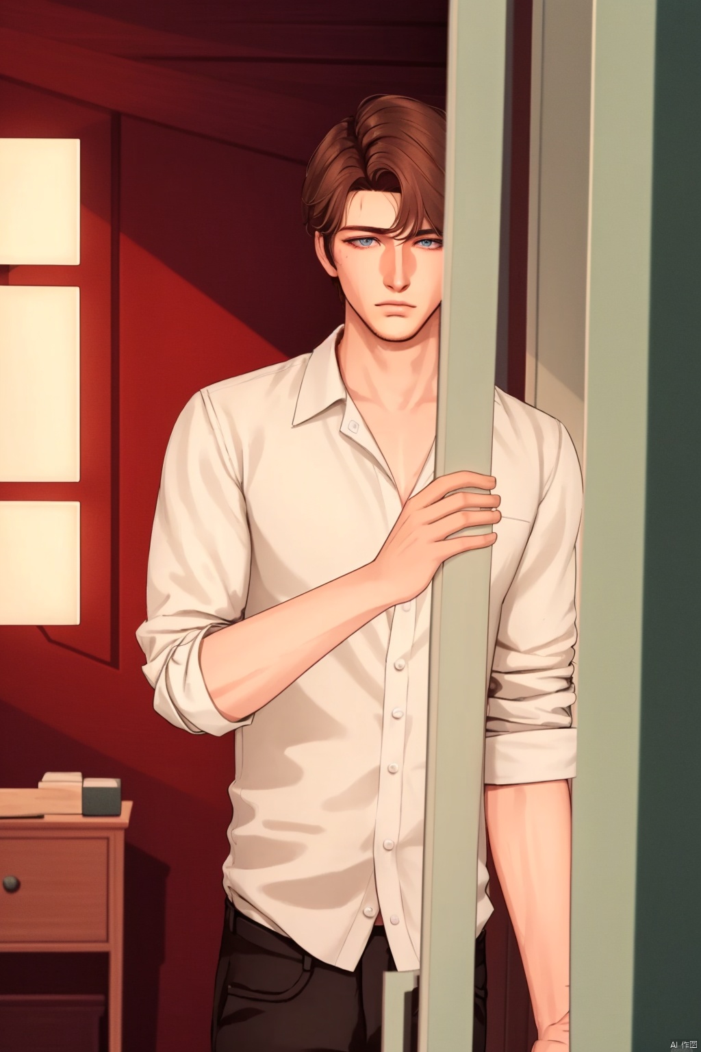 masterpiece,best quality,high detail,a drawing of A handsome young man with soft,wavy brown hair,standing in front of a large,rain-streaked window in a minimalist apartment,his hands resting on the glass,his deep blue eyes filled with a quiet,unspoken sorrow,wearing a loose,white button-up shirt,the soft,diffused light from outside creating a serene,melancholic atmosphere.,rim light,