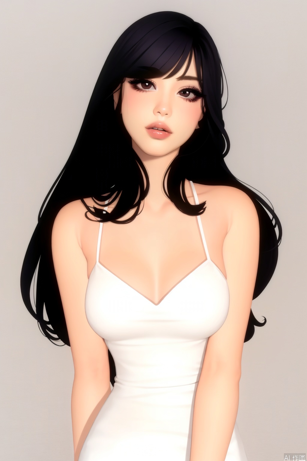 1girl, solo, black hair, dress, realistic, long hair, white dress, lips,Toot lips, simple background, looking at viewer, white background, brown eyes