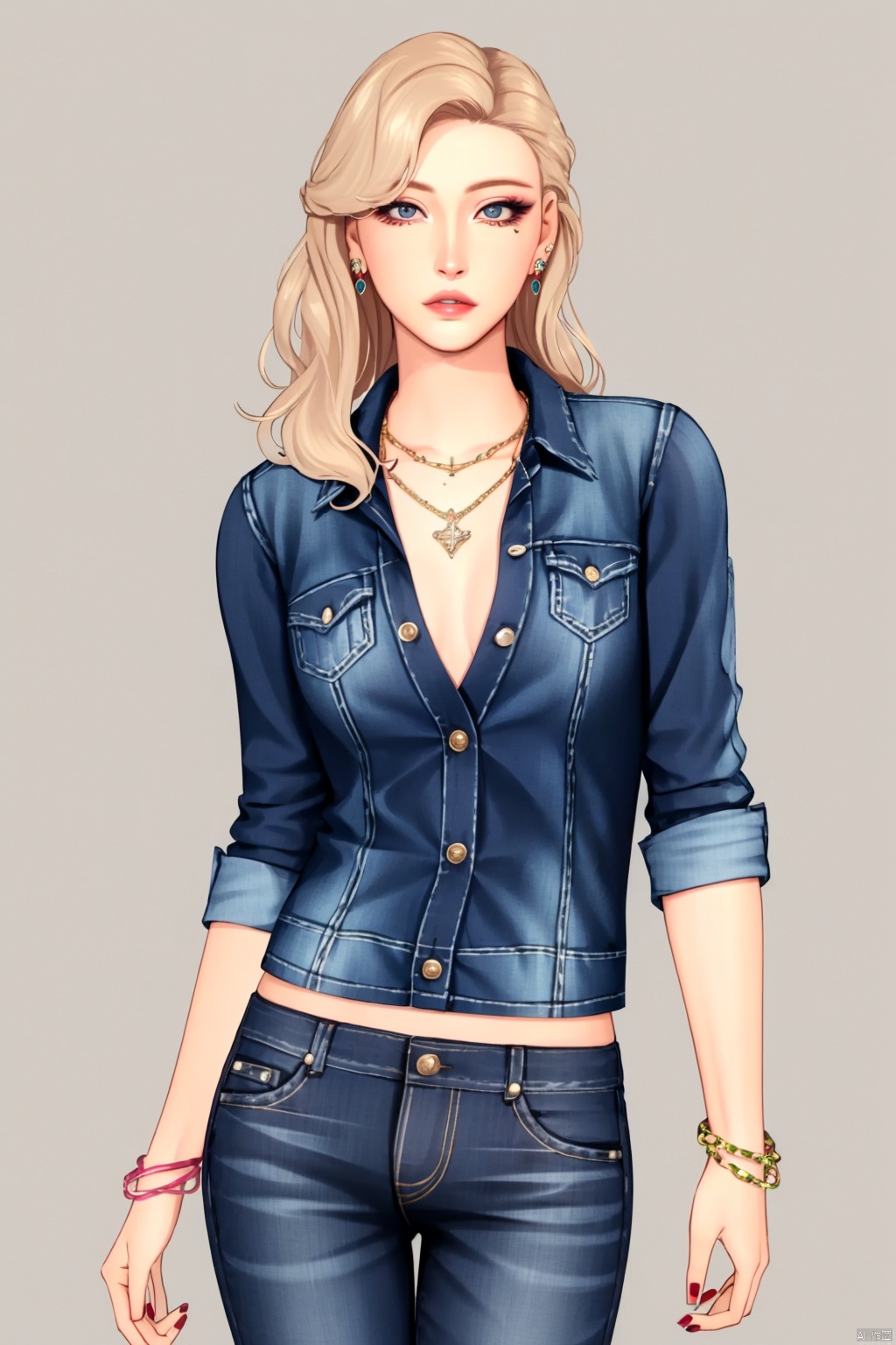 Extreme detail, exquisite detail, beautiful eyes,1girl, solo, jewelry, blonde hair, necklace,  long hair, bracelet, pants, denim, simple background, grey background, jeans,earrings, nail polish, lips, looking at viewer,fingernails