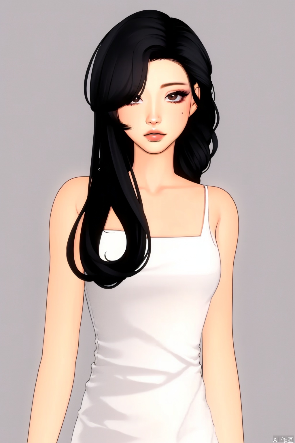 1girl, solo, black hair, dress, long hair, white dress, lips,Toot lips, simple background, looking at viewer, white background, brown eyes