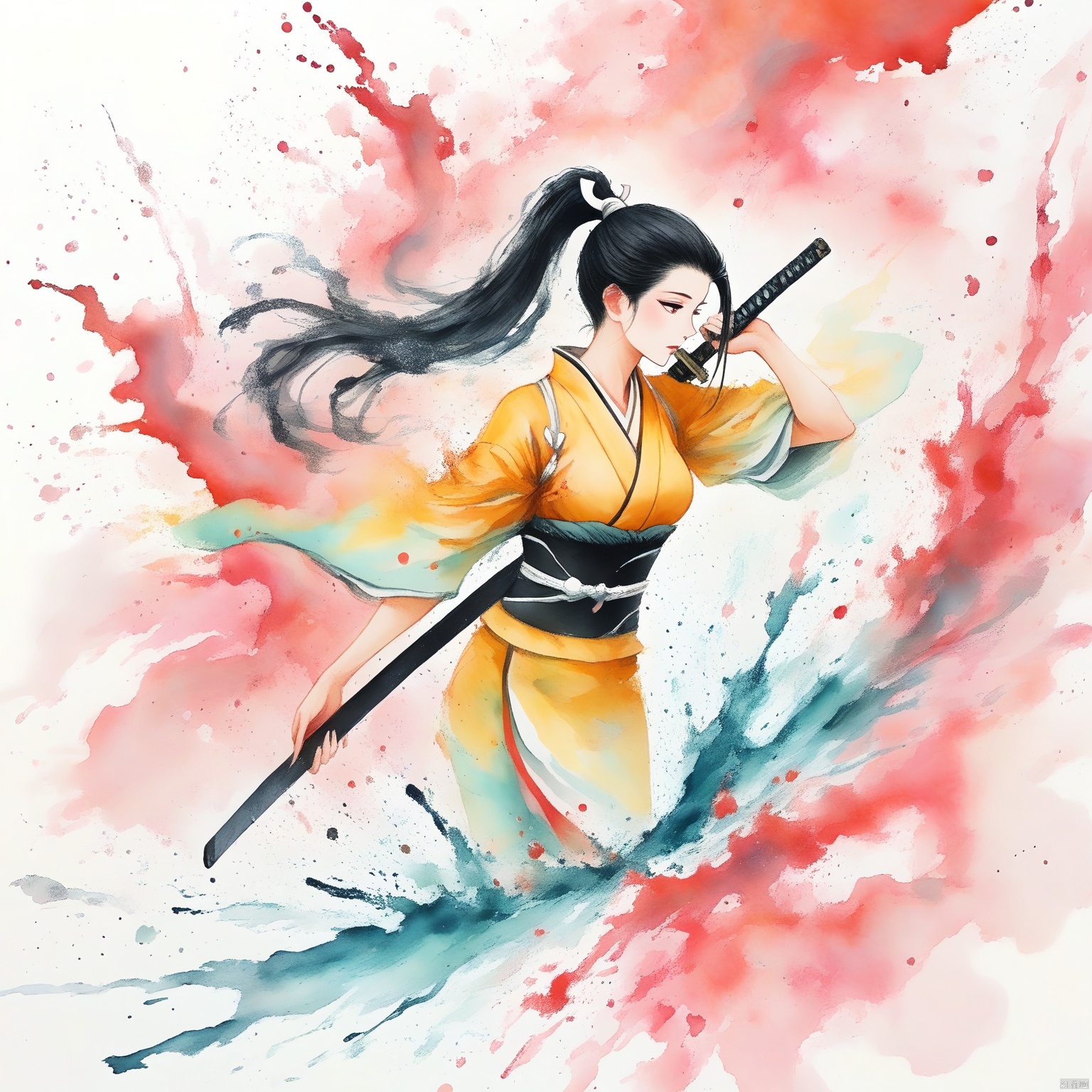 Ink painting, splashing ink, brushstrokes,,brushstrokes,An animated image of a woman in a kimono. The woman is holding a sword in her right hand. She has long black hair that is pulled back in a ponytail. She is wearing a yellow top with a black belt tied around her waist. Her dress is light blue with a white stripe down the middle. Her left hand is raised in the air. The sword she is holding is pointed towards the right. The background is white with pink splashes around her.