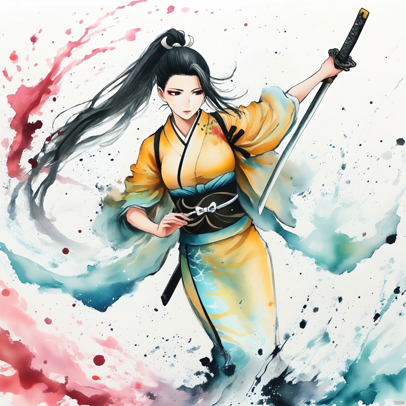 Ink painting, splashing ink, brushstrokes,,brushstrokes,An animated image of a woman in a kimono. The woman is holding a sword in her right hand. She has long black hair that is pulled back in a ponytail. She is wearing a yellow top with a black belt tied around her waist. Her dress is light blue with a white stripe down the middle. Her left hand is raised in the air. The sword she is holding is pointed towards the right. The background is white with pink splashes around her.