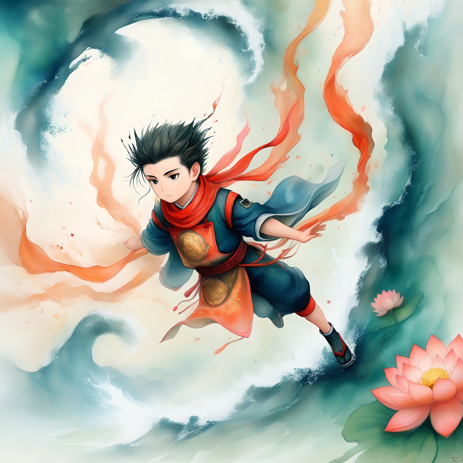 In a scene set on the turbulent, wave-tossed sea, a young boy stands as a reimagined version of the Chinese mythological figure Nezha. He has one head and six arms, each arm poised in a dynamic pose. His appearance is inspired by ancient Chinese mythology, with a red lotus-shaped Hunkuntin scarf around his neck, fluttering gracefully. Around his waist, he wears a lotus-patterned apron, and his clothing is adorned with intricate lotus designs. His hair flows upward, defying gravity, adding to the ethereal and powerful aura. The composition is simple yet striking, capturing the essence of Nezha's legendary presence.
