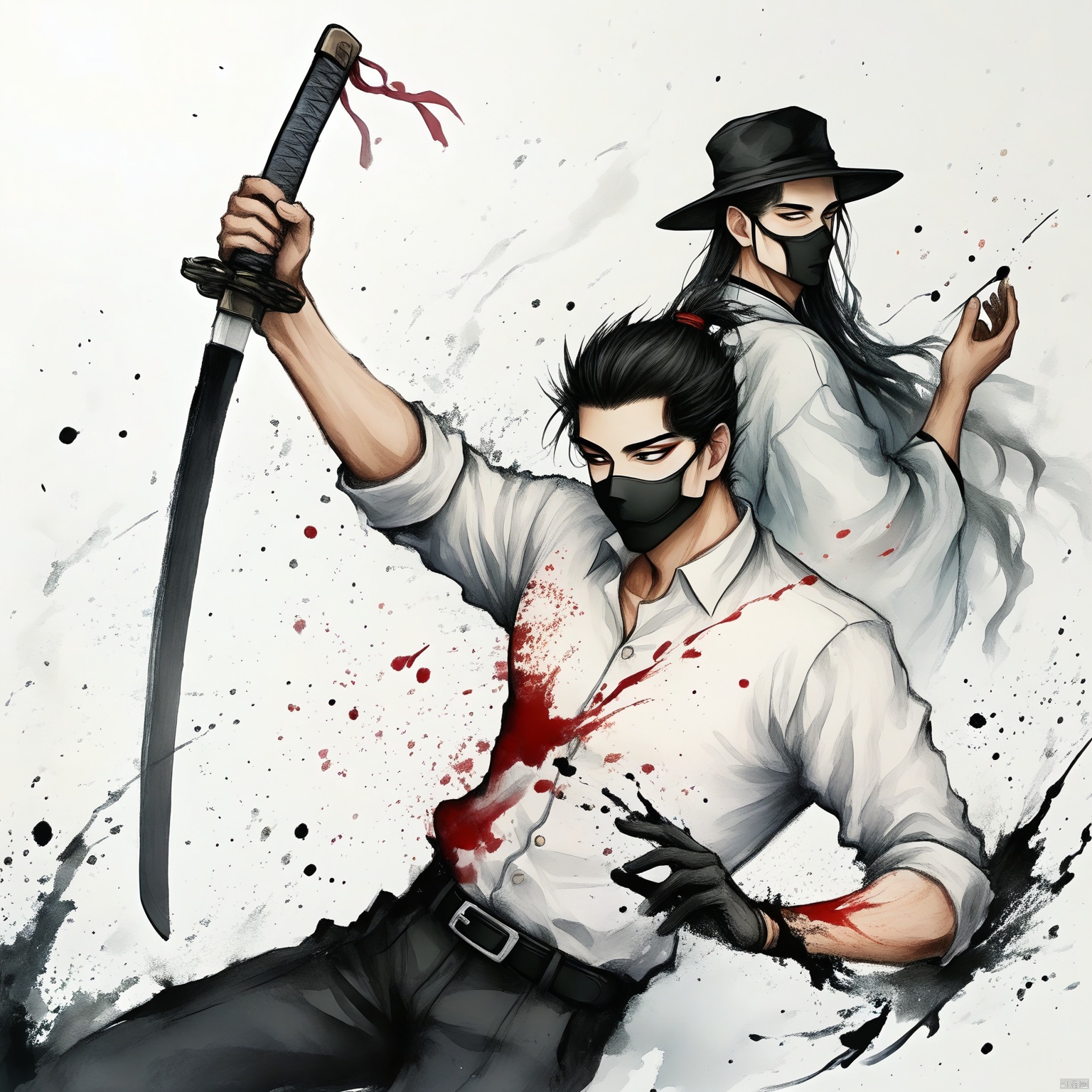 Ink painting, splashing ink, brushstrokes,,brushstrokes,An eye-level view of a Asian man in a white shirt, black pants, and a black hat, holding a sword in his right hand. The man's face is covered with a black mask, and his long black hair cascades over his left shoulder. His left hand is holding a red ribbon, while his right arm is wrapped in a black belt. The background is a stark white, and the man's shadow can be seen on the right side of the image.