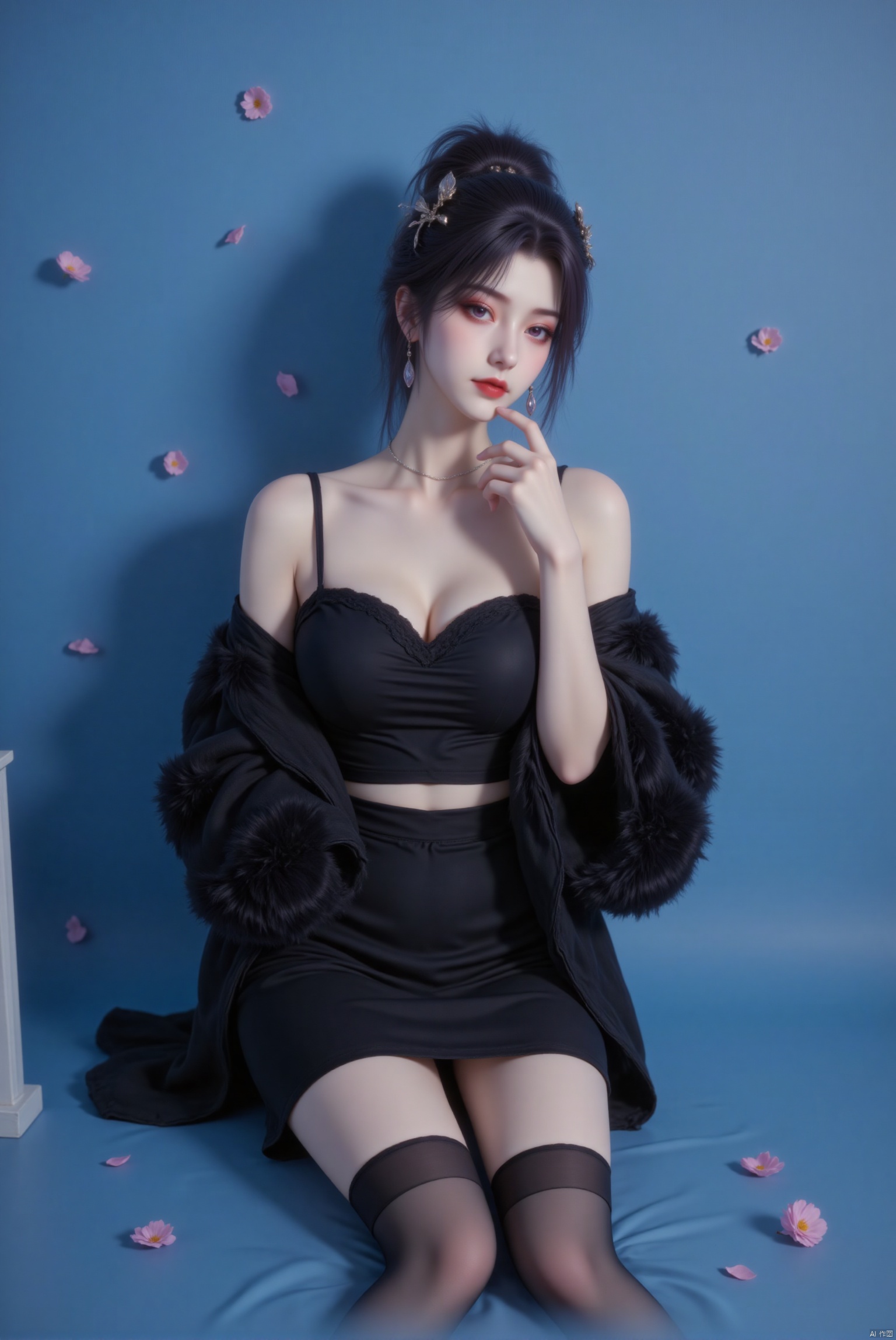The image depicts a young woman sitting against a blue background. She is dressed in a stylish black outfit, which includes an off-shoulder top and a long coat draped over her shoulders. Her hair is styled in a high bun, and she is wearing large hoop earrings. The woman has a delicate and elegant appearance, with her hand gently touching her face. There are a few pink petals scattered around her, adding a touch of softness to the scene. The lighting is soft and creates a gentle shadow of her figure on the blue background.