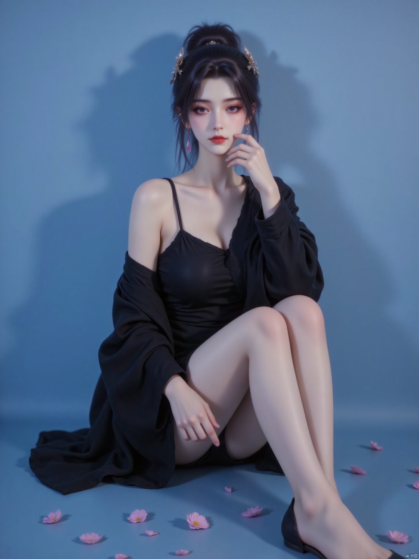The image depicts a young woman sitting against a blue background. She is dressed in a stylish black outfit, which includes an off-shoulder top and a long coat draped over her shoulders. Her hair is styled in a high bun, and she is wearing large hoop earrings. The woman has a delicate and elegant appearance, with her hand gently touching her face. There are a few pink petals scattered around her, adding a touch of softness to the scene. The lighting is soft and creates a gentle shadow of her figure on the blue background.