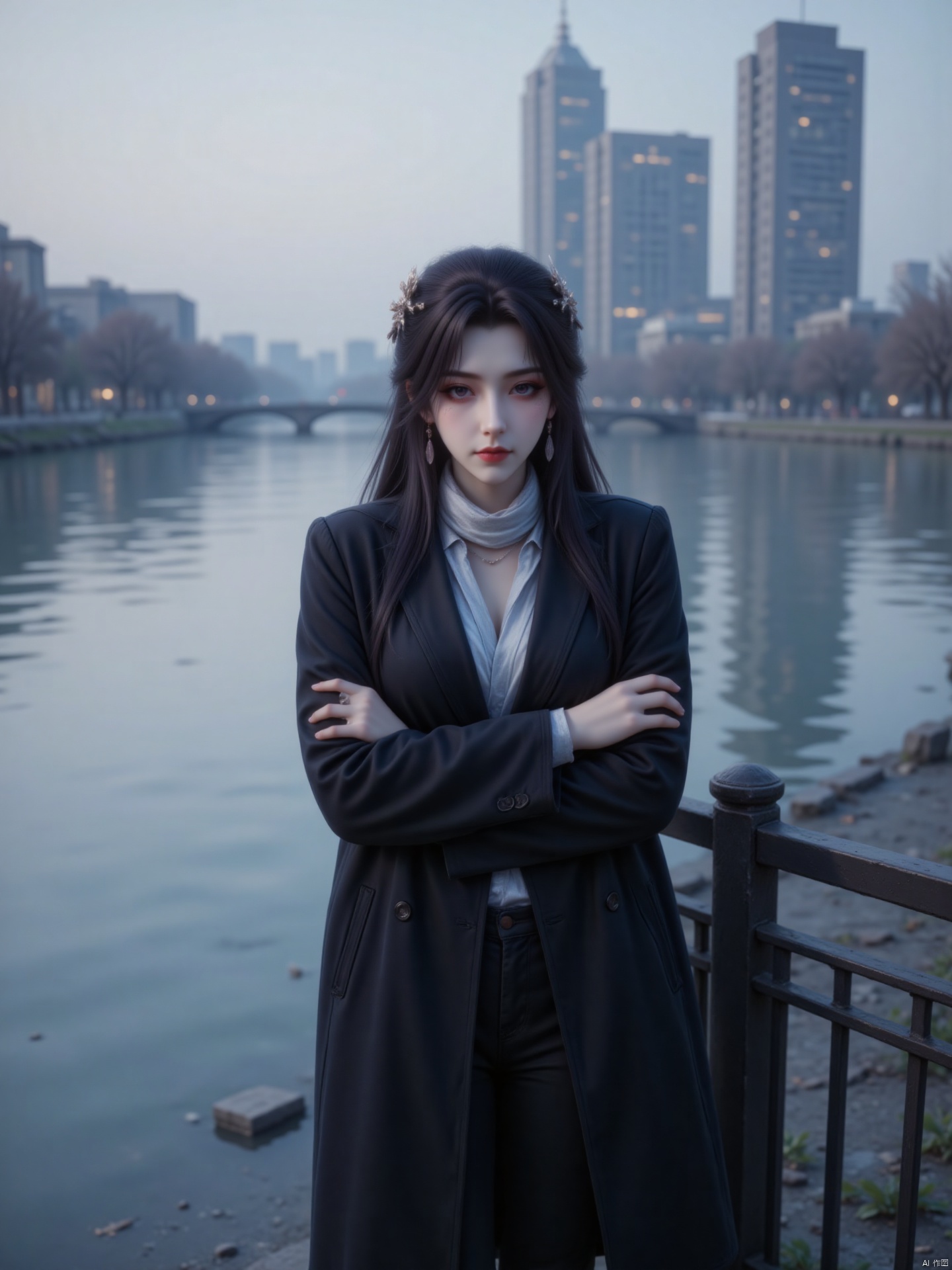 The image depicts a person standing by a body of water, likely a river or a lake, with a cityscape in the background. The person is wearing a dark coat and a light-colored scarf, and they have long, dark hair. They are standing with their arms crossed, leaning against a metal railing. The city behind them features tall buildings with illuminated windows, suggesting it is either early morning or evening. The overall atmosphere is calm and serene, with a hint of urban sophistication.