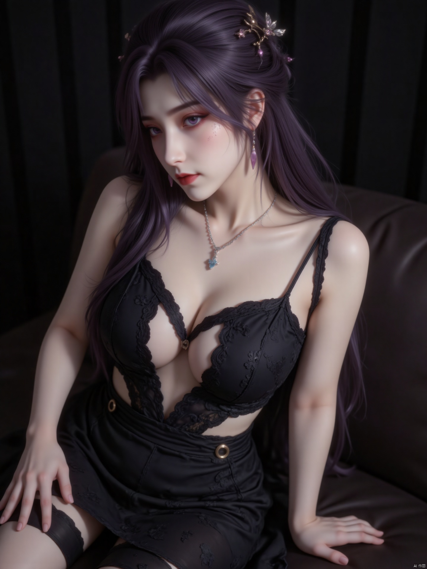 The image depicts a person with long, Deep purple hair sitting on a black leather couch. The individual is wearing a black outfit that includes a sleeveless top and a skirt. The outfit features cut-out designs and a circular ring detail on the waist. The person has a delicate necklace with a small pendant and is wearing earrings. The background is dark, which highlights the person and the couch. The overall aesthetic of the image is sleek and modern.
