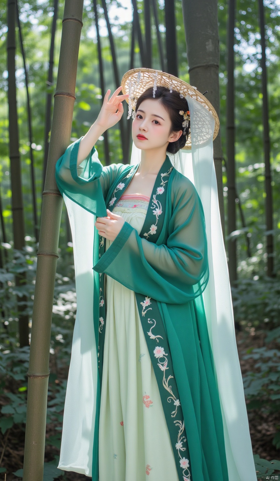 In the quiet bamboo forest, sunlight filters through the gaps between the bamboo leaves, casting mottled shadows. The woman wears an emerald - green front - buttoned short garment. The collars and cuffs are embroidered with winding vine - twining patterns in dark green silk threads, full of vitality. She wears a light - green Qiyao Zhequn underneath, with dotted white small flowers on the skirt. She dons a bamboo hat decorated with emerald - green leaves and pink small flowers, and the light - cyan thin gauze gently covers her face. She holds a bamboo scroll in her hand, leaning against the bamboo, fully showing a gentle and quiet scholarly air.