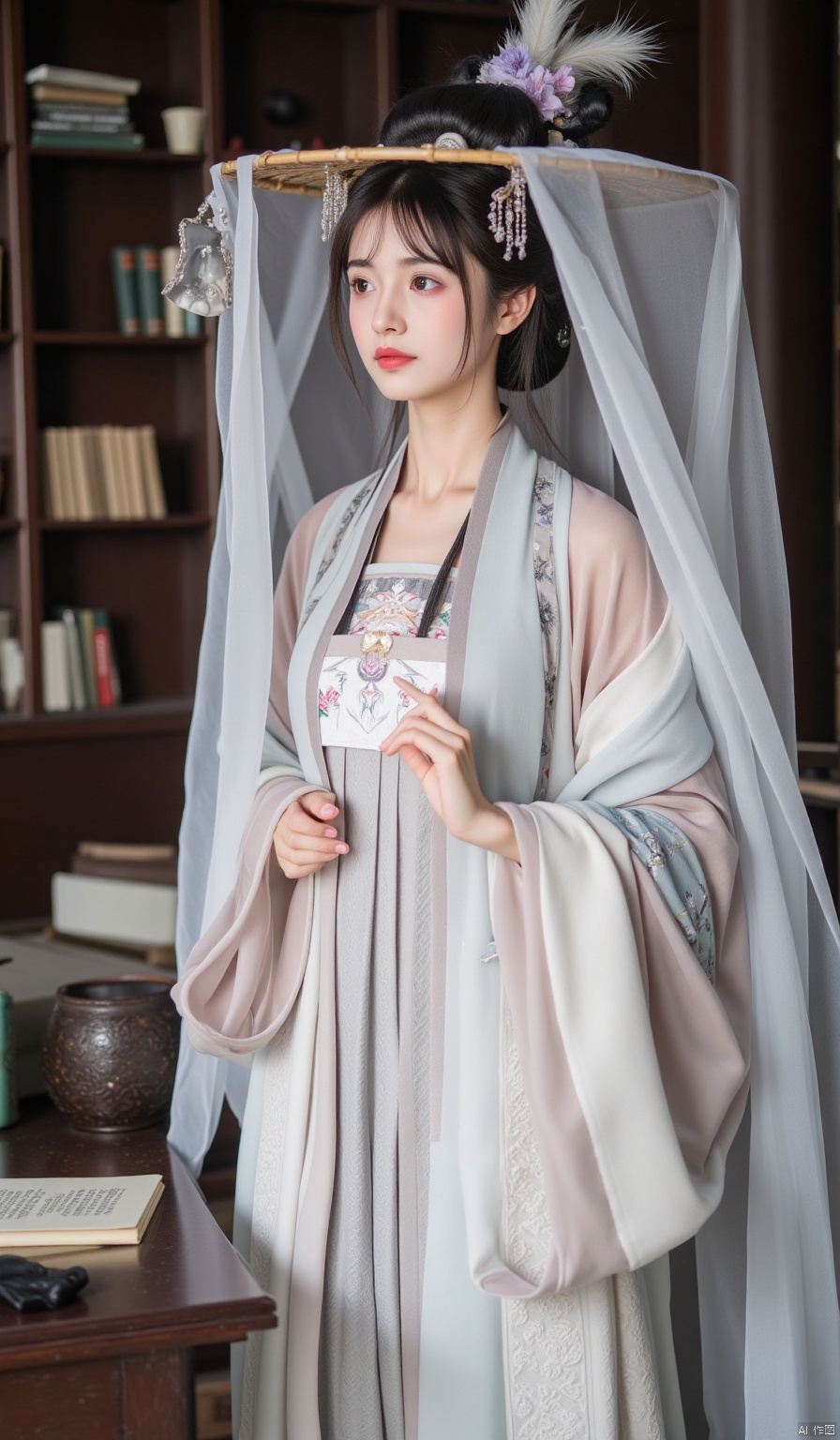 In the ancient - style academy, the fragrance of books fills the air. The woman is wearing a silver - gray cross - collar long robe, with delicate dark rhombus patterns all over the body, low - key yet luxurious. She wears a light - gray long Beizi on the outside, with fine fretwork patterns embroidered on the edges of the Beizi. She dons a bamboo hat decorated with silver - gray feathers and light - purple small flowers, and the gray thin gauze flutters faintly. She holds a writing brush in her hand, standing beside the desk, with a focused look, fully showing elegance and dignity.