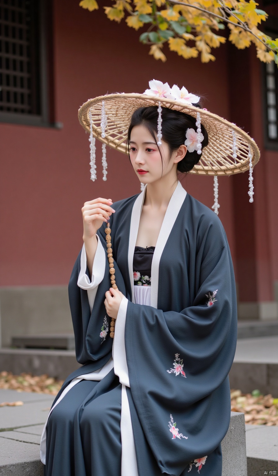 In a quiet ancient temple, the red walls are mottled, and ginkgo leaves rustle in the autumn wind, with golden leaves falling all over the ground. Beside a stone bench in the temple, a beauty in a dark - blue cross - collar long gown is sitting quietly. The hem of her clothes is embroidered with silver - lined flying birds. The Floral Deity's Straw Hat on her head is of a simple and ancient style. With plain bamboo strips as the base, it is decorated with elegant silk flowers. She holds a string of Buddhist beads in her hand, with her eyes downcast, as if listening to the Buddhist chants, exuding a serene and peaceful aura all around.