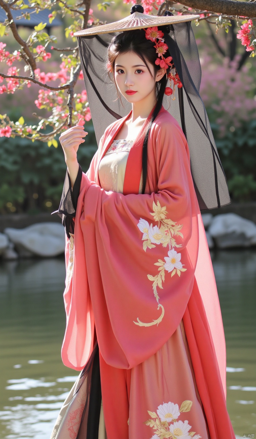 By the rockeries in the garden, the spring water shimmers. The woman is wearing a vermilion - colored Qixiong Ruqun, with golden peonies embroidered on the skirt. She has an outer shawl of the same color made of thin brocade. She wears a bamboo hat adorned with red flowers, and black gauze hangs down. Her eyes are bright and expressive as she stands under the flower - laden tree, looking strikingly beautiful.