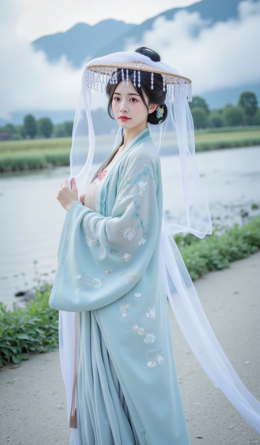 At the foot of the mist - covered mountains, a clear stream is gurgling. The woman is dressed in a lake - blue cross - collar long shirt. On the wide sleeves, flowing clouds and flying cranes are embroidered with silver threads, with exquisite stitches and a lifelike appearance. She pairs it with a pleated Mian skirt of the same color, and the cranes at the hem of the skirt seem to be soaring into the sky. She wears a bamboo hat in the main color of lake - blue, decorated with light - blue small flowers, and the white thin gauze flutters in the wind. She stands with her hands behind her back, looking towards the distant mountains, exuding an otherworldly temperament.