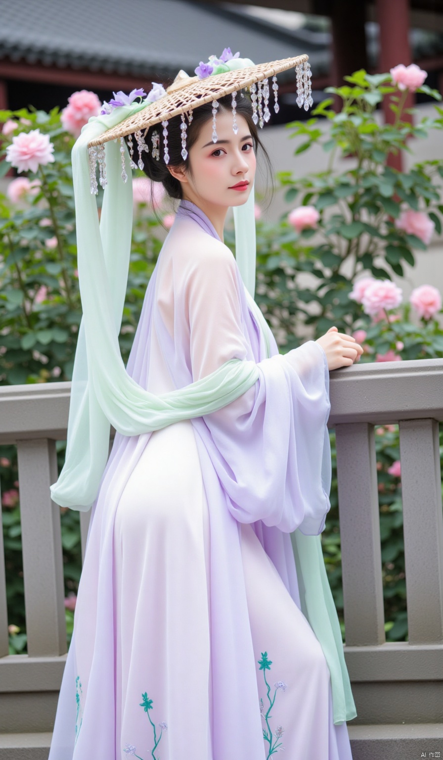Among the corridors in the courtyard, the roses are in full bloom. The woman is wearing a light - purple Qiyao Ruqun, with green vines embroidered on the skirt. She has an outer layer of light - purple thin gauze. She wears a bamboo hat decorated with purple flowers, and the green gauze sways. She leans against the railing sideways, looking gentle and graceful.