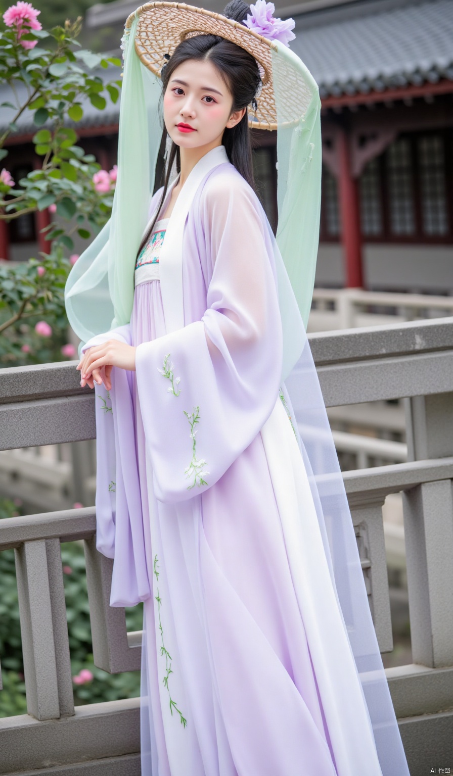 Among the corridors in the courtyard, the roses are in full bloom. The woman is wearing a light - purple Qiyao Ruqun, with green vines embroidered on the skirt. She has an outer layer of light - purple thin gauze. She wears a bamboo hat decorated with purple flowers, and the green gauze sways. She leans against the railing sideways, looking gentle and graceful.