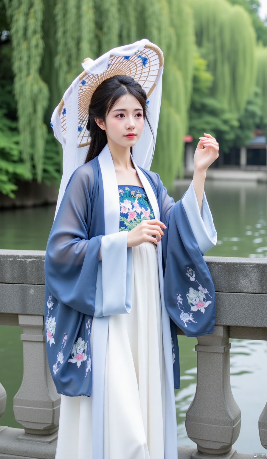 By the ancient bridge over the flowing water, the weeping willows are lush. The woman is dressed in an indigo - colored cross - collar long - shirt, with flowing - cloud patterns embroidered on the cuffs. She pairs it with a moon - white lower skirt. She wears a bamboo hat decorated with blue flowers, and the white gauze is soft. She leans on the bridge railing with one hand, exuding an elegant and serene temperament.