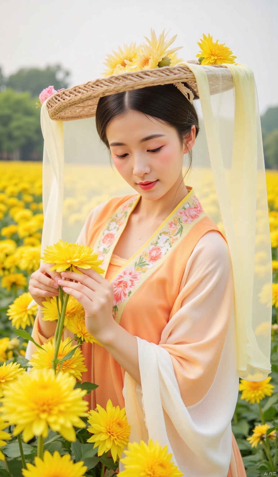 In the autumn fields, large patches of golden chrysanthemums are in brilliant bloom. The woman wears an orange - yellow straight - collar top. The collars and hems are embroidered with blooming golden chrysanthemums, with distinct layers of petals. She pairs it with an orange - and - white - colored inter - colored skirt, as warm as the autumn sun. She wears a bamboo hat adorned with large golden chrysanthemums, and the light - yellow thin gauze sways gently in the wind. She bends down to smell the chrysanthemums, with a sweet smile, blending in with the autumn scenery.