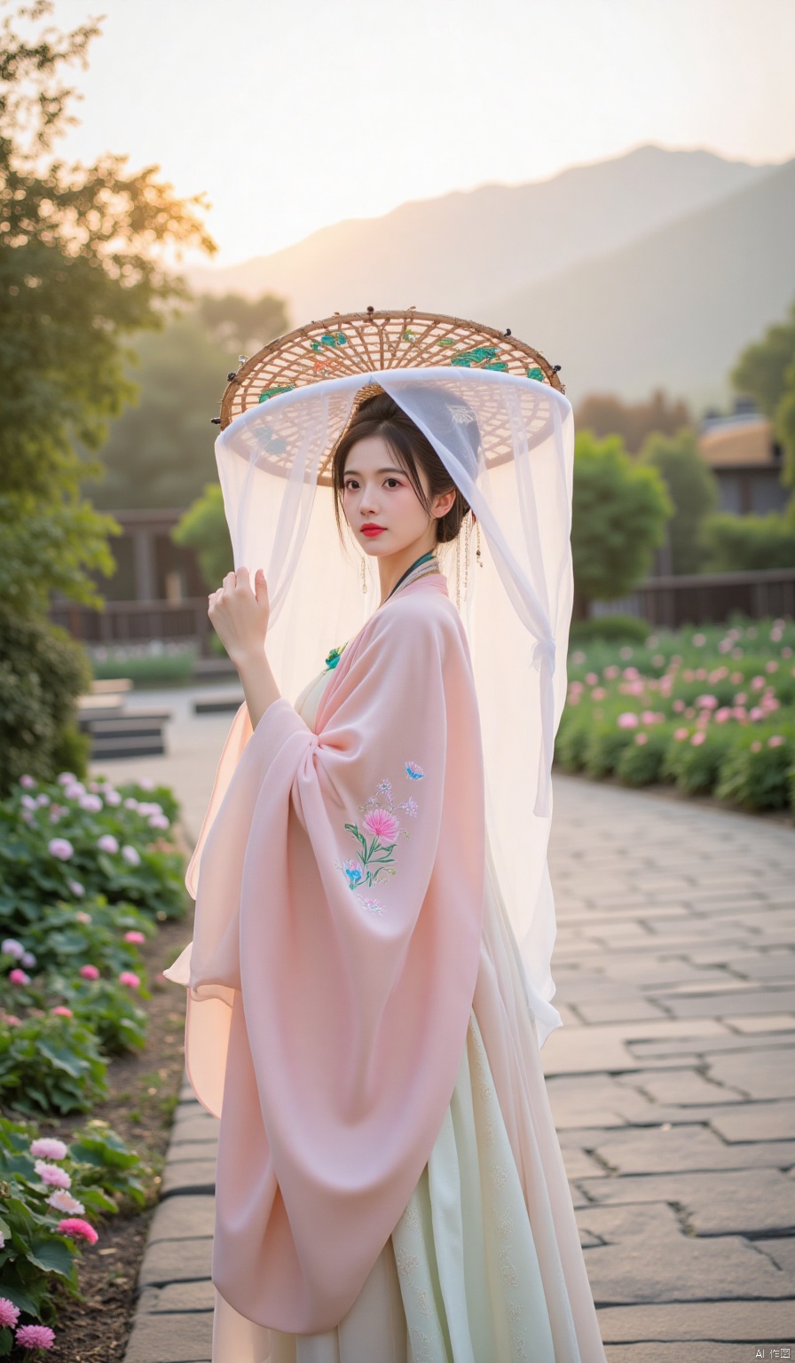 At dawn, the mountains are shrouded in mist, and the rising sun gilds everything with a golden edge. Beside a winding bluestone path, wildflowers are blooming in profusion. A beauty in Hanfu is walking gracefully. She is wearing a lotus - colored Qixiong Ruqun with delicate volute patterns embroidered on the skirt. On her head is a Floral Deity's Straw Hat. The flower patterns woven with colorful bamboo strips shine in the sunlight, and the thin gauze hanging from the hat gently covers her face, revealing only a pair of affectionate eyes. Every glance is full of tenderness.