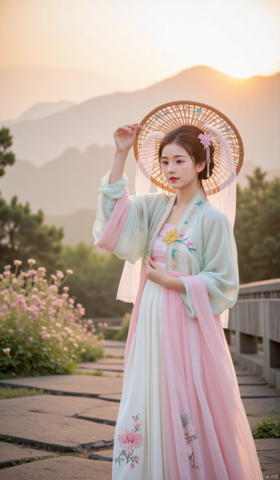 At dawn, the mountains are shrouded in mist, and the rising sun gilds everything with a golden edge. Beside a winding bluestone path, wildflowers are blooming in profusion. A beauty in Hanfu is walking gracefully. She is wearing a lotus - colored Qixiong Ruqun with delicate volute patterns embroidered on the skirt. On her head is a Floral Deity's Straw Hat. The flower patterns woven with colorful bamboo strips shine in the sunlight, and the thin gauze hanging from the hat gently covers her face, revealing only a pair of affectionate eyes. Every glance is full of tenderness.