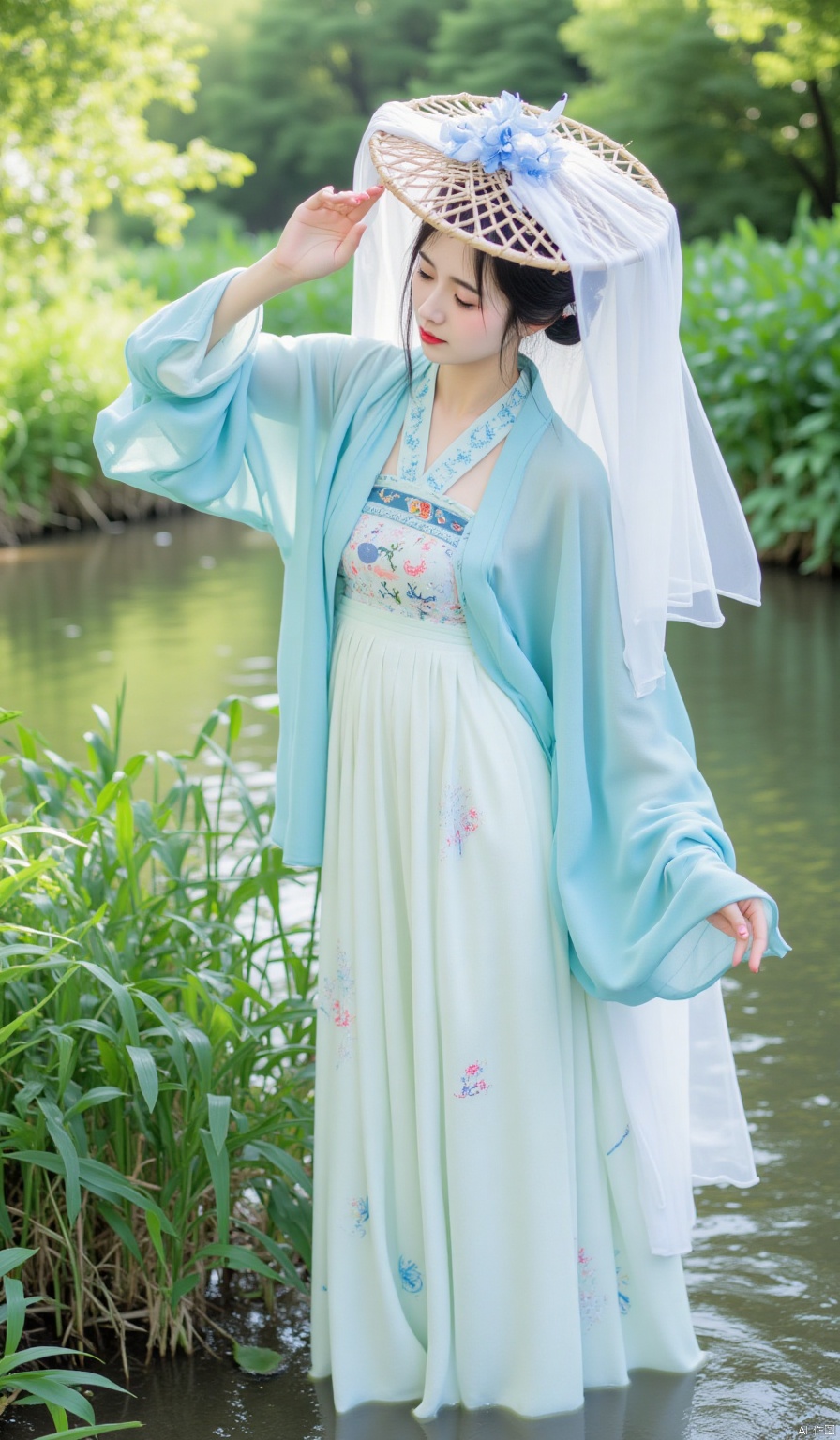 Among the green grass by the stream, the sunlight shines down. The woman is wearing an aqua - blue cross - collar Ruqun, with small fish embroidered on the skirt. She has an outer blue - colored shawl. She wears a bamboo hat decorated with blue flowers, and the white gauze flutters. She bends down to play with the stream water, with a lively and agile figure.