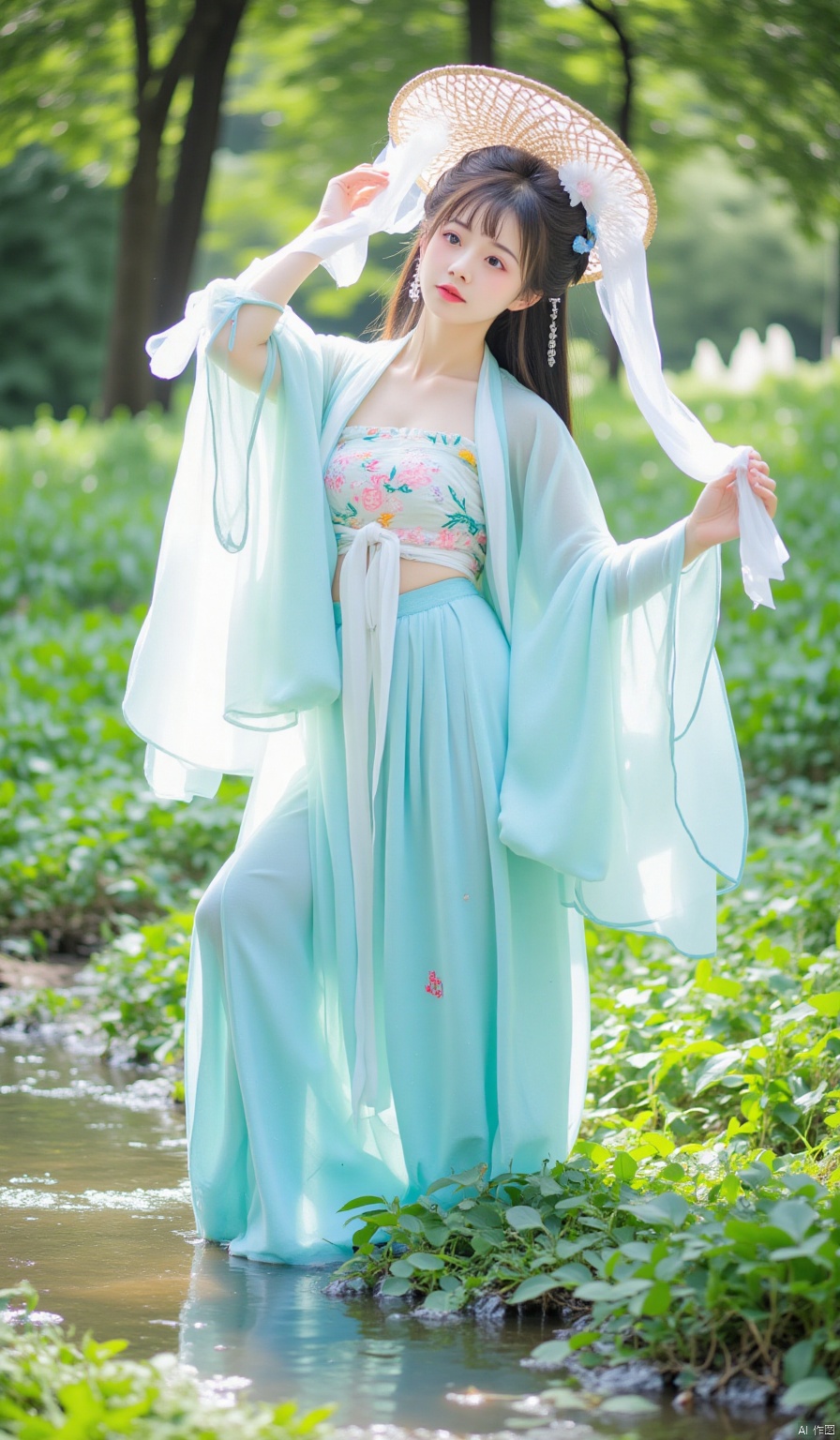 Among the green grass by the stream, the sunlight shines down. The woman is wearing an aqua - blue cross - collar Ruqun, with small fish embroidered on the skirt. She has an outer blue - colored shawl. She wears a bamboo hat decorated with blue flowers, and the white gauze flutters. She bends down to play with the stream water, with a lively and agile figure.
