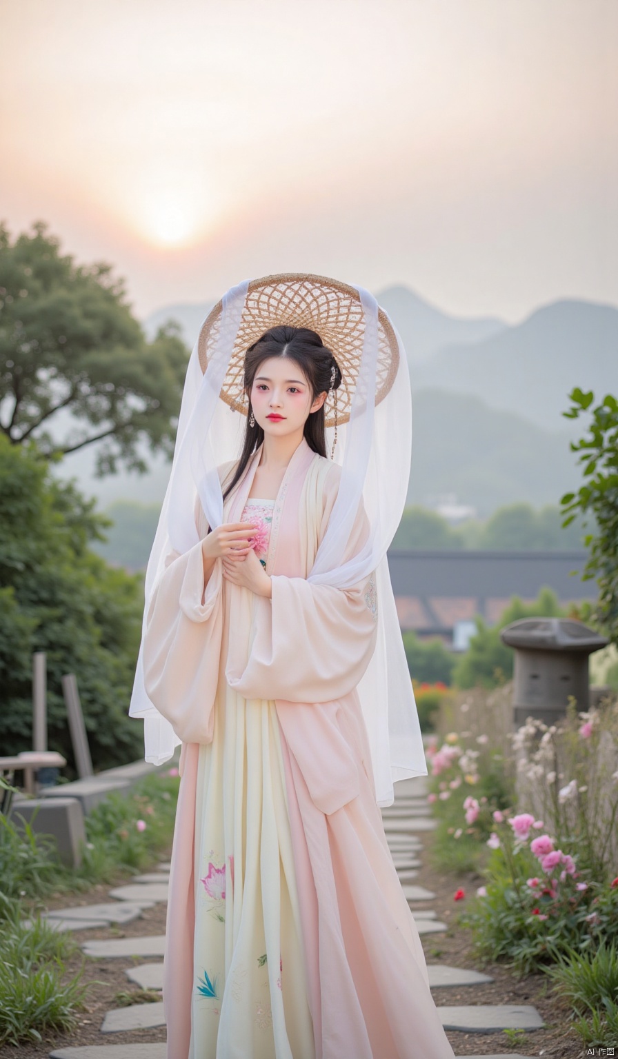 At dawn, the mountains are shrouded in mist, and the rising sun gilds everything with a golden edge. Beside a winding bluestone path, wildflowers are blooming in profusion. A beauty in Hanfu is walking gracefully. She is wearing a lotus - colored Qixiong Ruqun with delicate volute patterns embroidered on the skirt. On her head is a Floral Deity's Straw Hat. The flower patterns woven with colorful bamboo strips shine in the sunlight, and the thin gauze hanging from the hat gently covers her face, revealing only a pair of affectionate eyes. Every glance is full of tenderness.